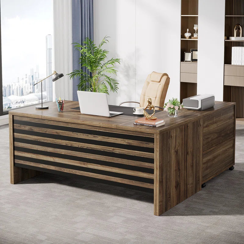 Executive Office Desk with Mobile Filing Cabinet & Storage Shelves | Large Computer Workstation for Home Office