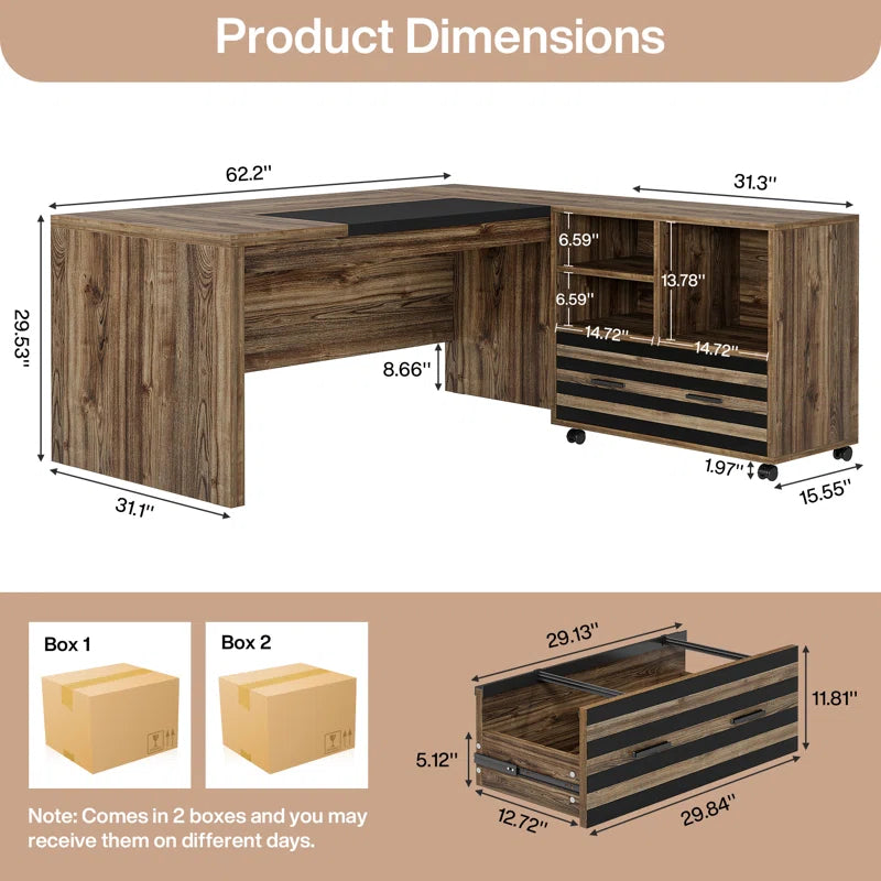 Executive Office Desk with Mobile Filing Cabinet & Storage Shelves | Large Computer Workstation for Home Office