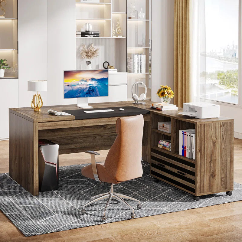 Executive Office Desk with Mobile Filing Cabinet & Storage Shelves | Large Computer Workstation for Home Office