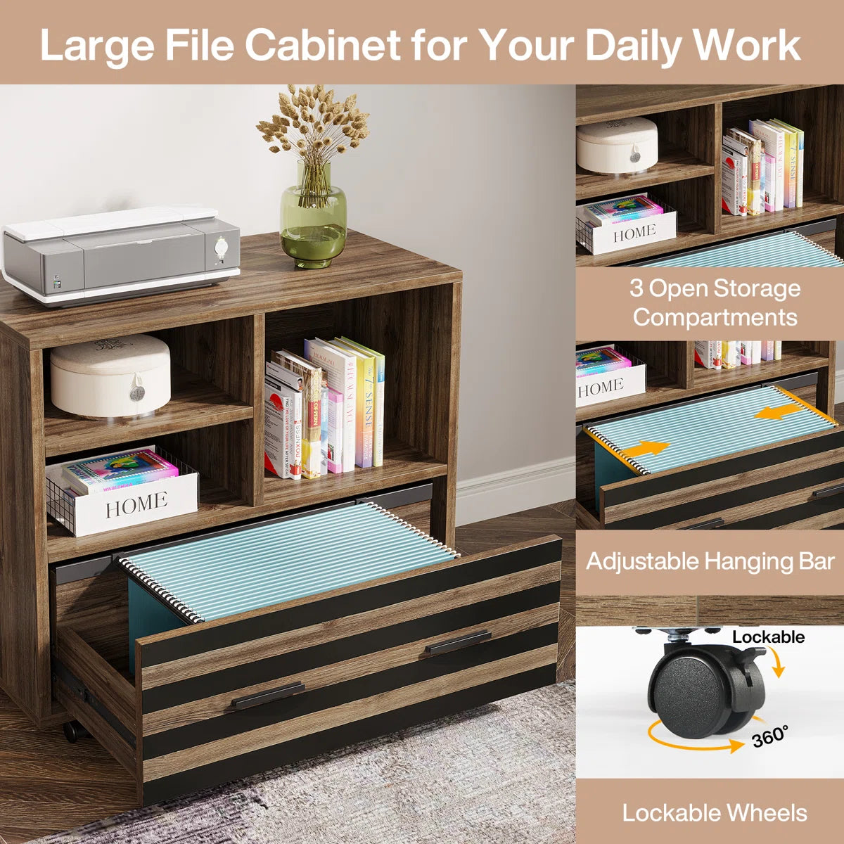 Executive Office Desk with Mobile Filing Cabinet & Storage Shelves | Large Computer Workstation for Home Office