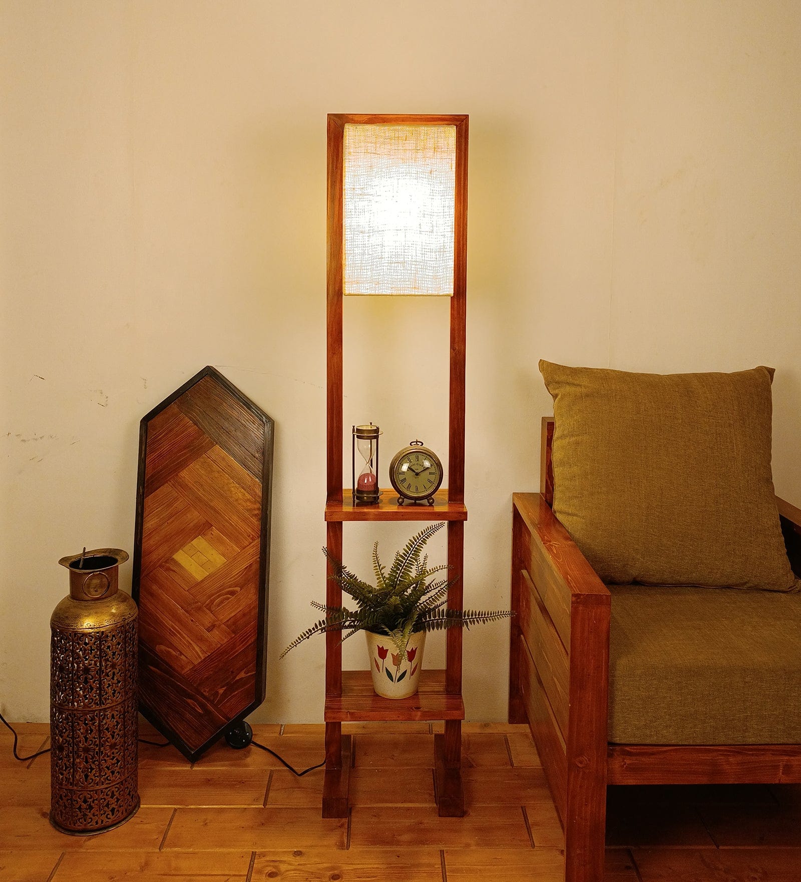 Biped Wooden Floor Lamp with Brown Base and Beige Fabric Lampshade (BULB NOT INCLUDED)