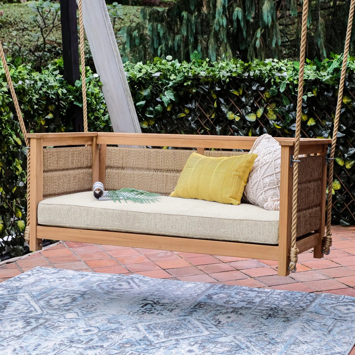 Ouch Cart Teak Wood Porch Swing with Cushion – Outdoor Hanging Patio Swing Chair with Synthetic Wicker & Chains