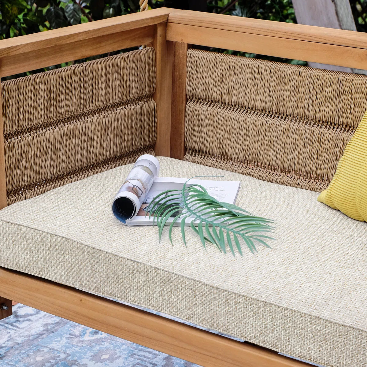 Ouch Cart Teak Wood Porch Swing with Cushion – Outdoor Hanging Patio Swing Chair with Synthetic Wicker & Chains