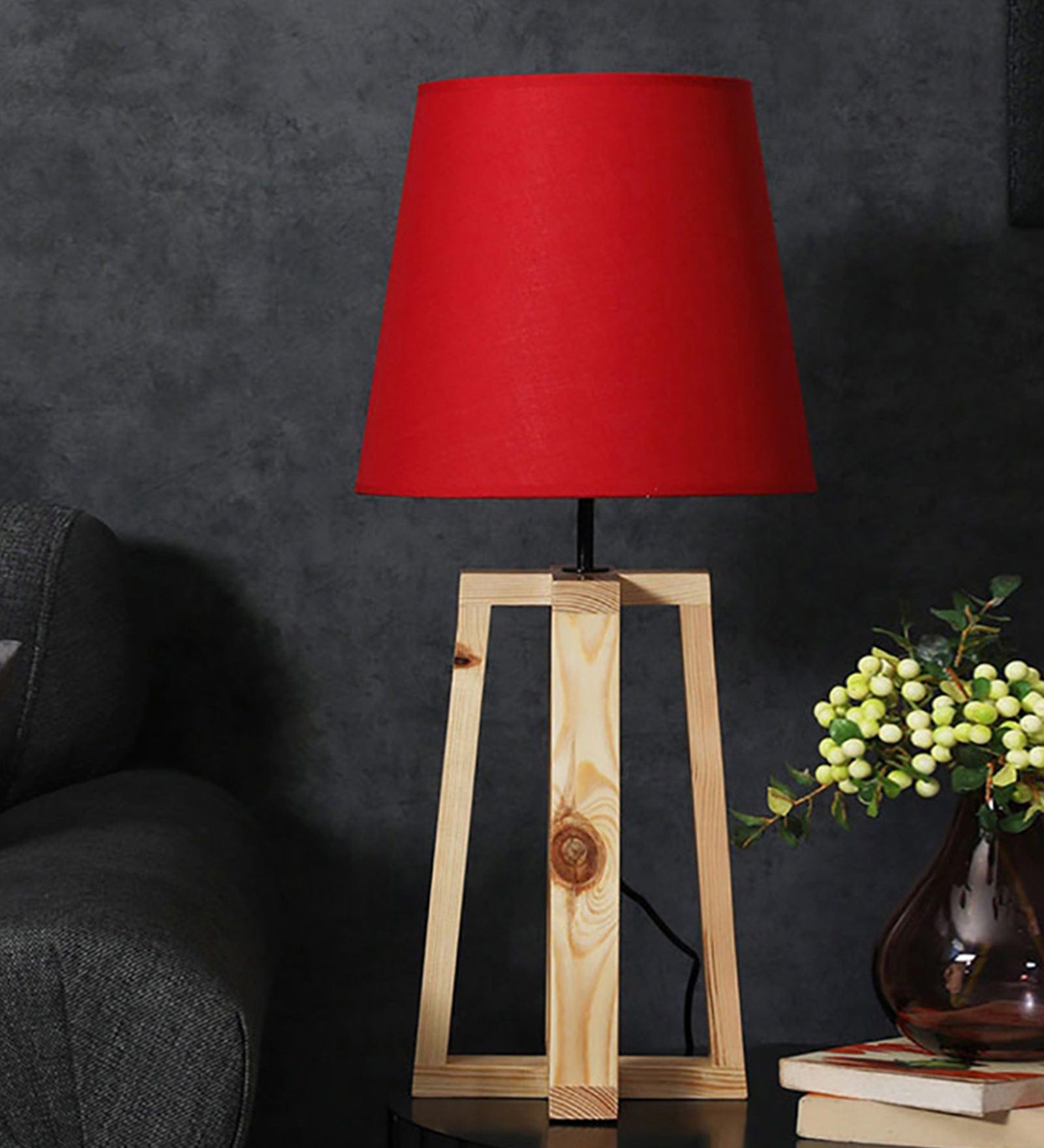 Blender Beige Wooden Table Lamp with Red Fabric Lampshade (BULB NOT INCLUDED)