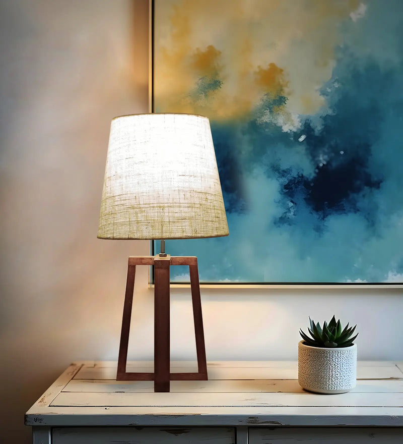 Blender-Brown-Wooden-Table-Lamp-1.jpg Blender Brown Wooden Table Lamp with White Fabric Lampshade (BULB NOT INCLUDED) - Image 1