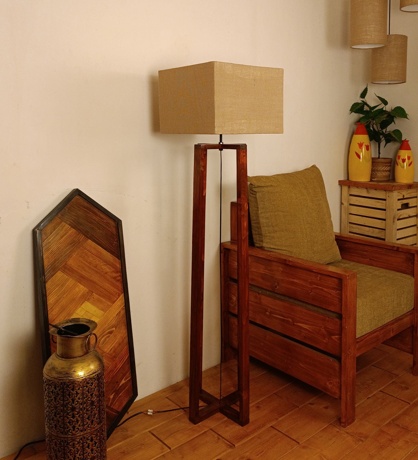 Blender Wooden Floor Lamp with Premium Beige Fabric Lampshade (BULB NOT INCLUDED)