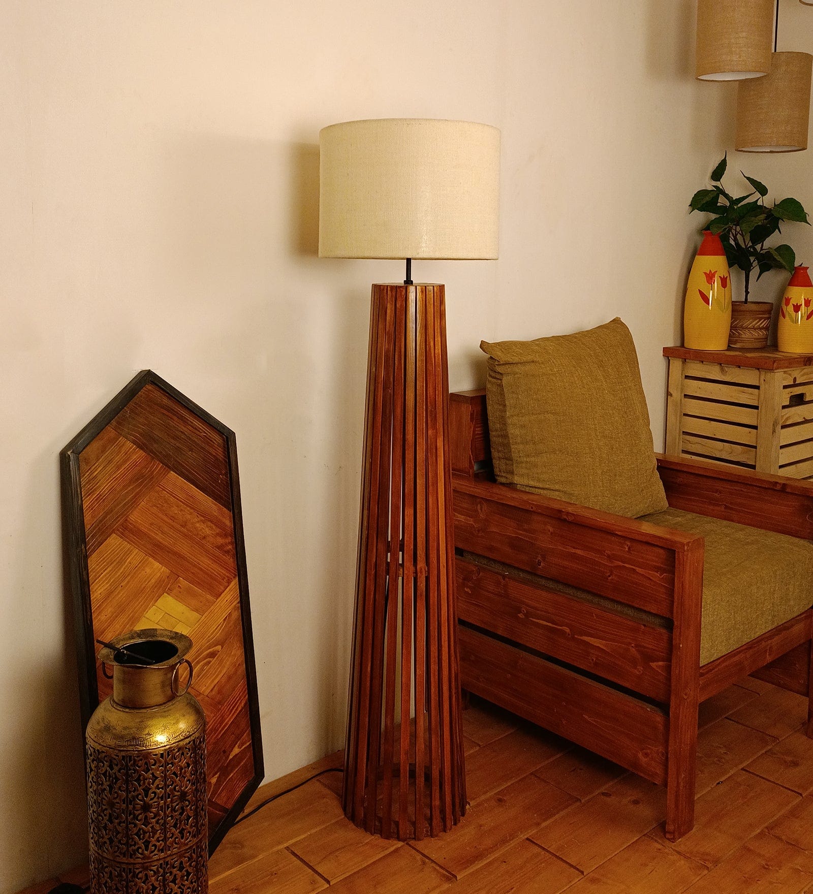 Boho Wooden Floor Lamp with Brown Base and Beige Fabric Lampshade (BULB NOT INCLUDED)