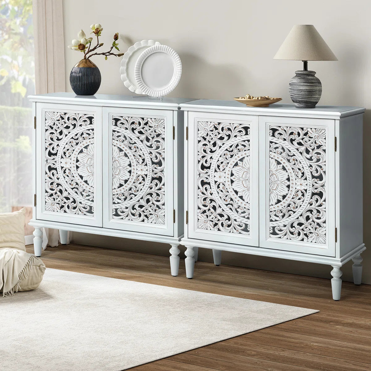 Breesford 32" Tall 2-Door Openwork Carving Accent Cabinet with Solid Wood Legs Set of 2- OUCH CART| cabinet