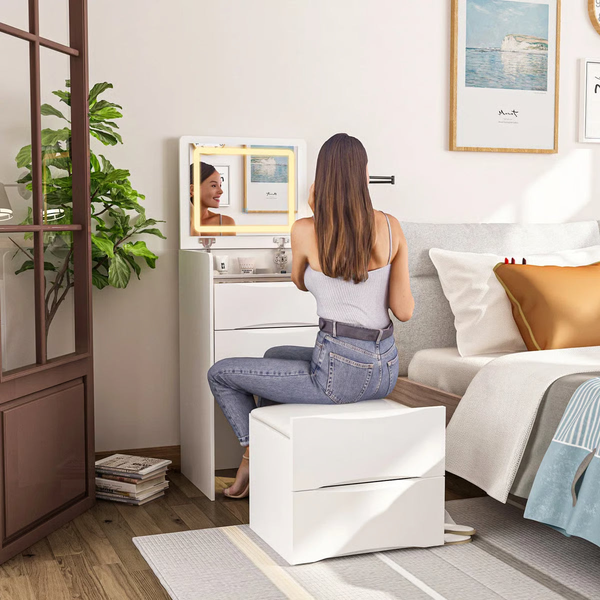 47’’ High-End Makeup Vanity Set with Glass Top, 5 Drawers, Built-In Power & Stool