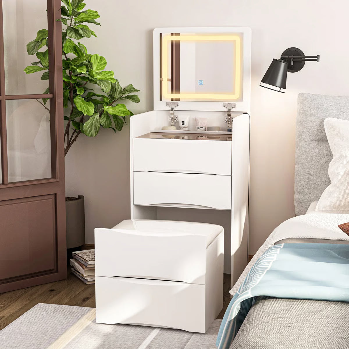 47’’ High-End Makeup Vanity Set with Glass Top, 5 Drawers, Built-In Power & Stool