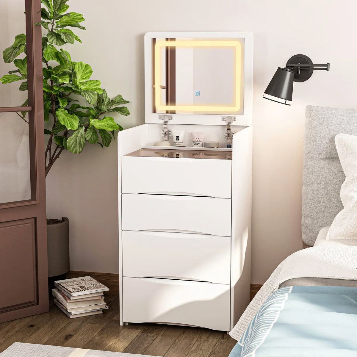 47’’ High-End Makeup Vanity Set with Glass Top, 5 Drawers, Built-In Power & Stool