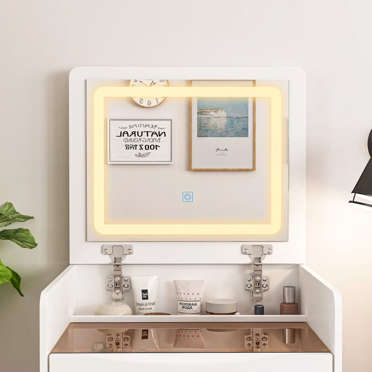 47’’ High-End Makeup Vanity Set with Glass Top, 5 Drawers, Built-In Power & Stool