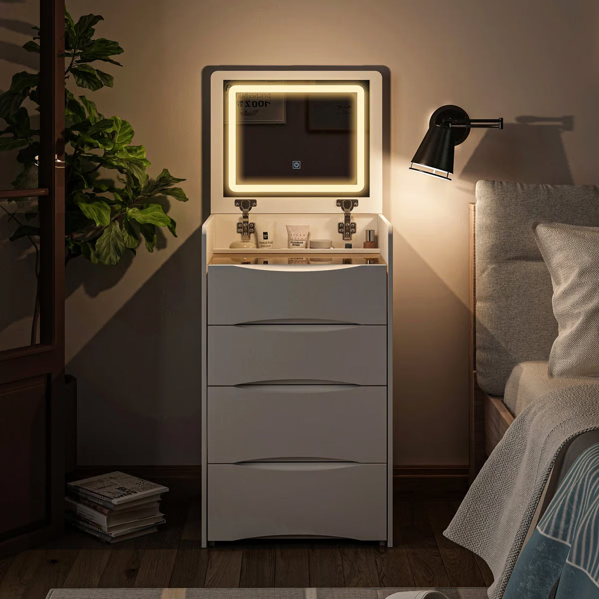 47’’ High-End Makeup Vanity Set with Glass Top, 5 Drawers, Built-In Power & Stool