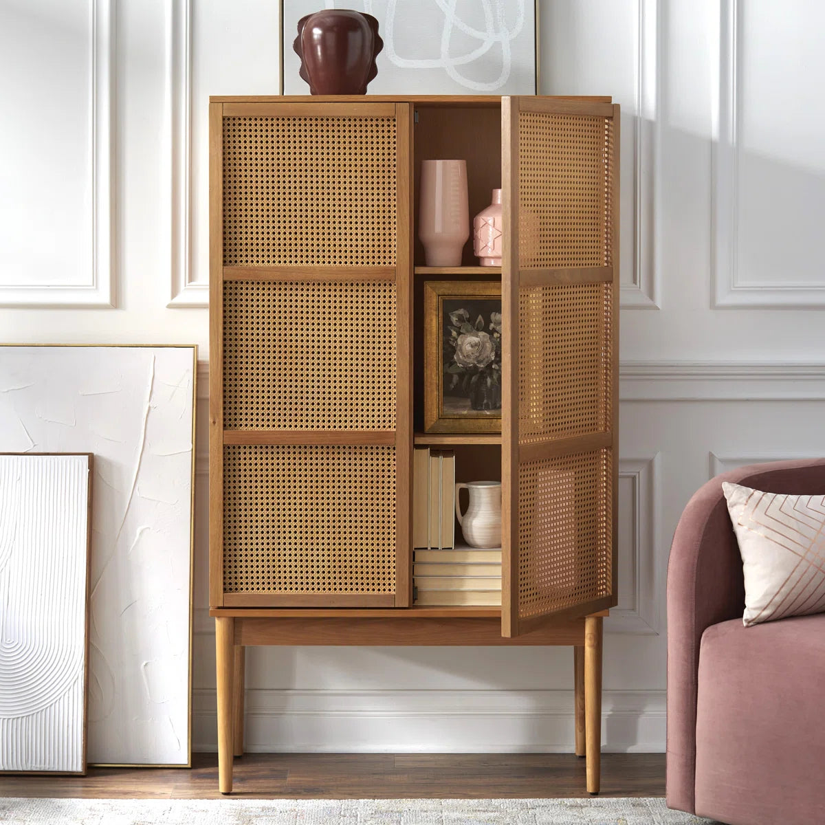 Kalicki Faux Cane Storage Cabinet Shelves, Mid-Century Wooden Cabinet for Dining Room & Living Room