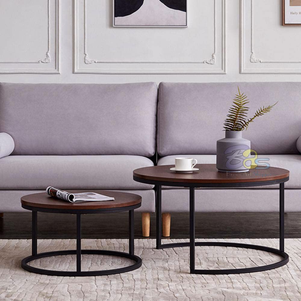 Ouch Cart Round Side Coffee Table Set of 2 with MDF Top & Iron Frame
