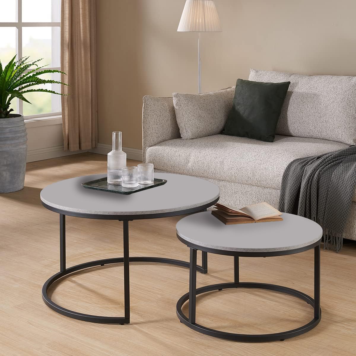 Ouch Cart Round Side Coffee Table Set of 2 with MDF Top & Iron Frame