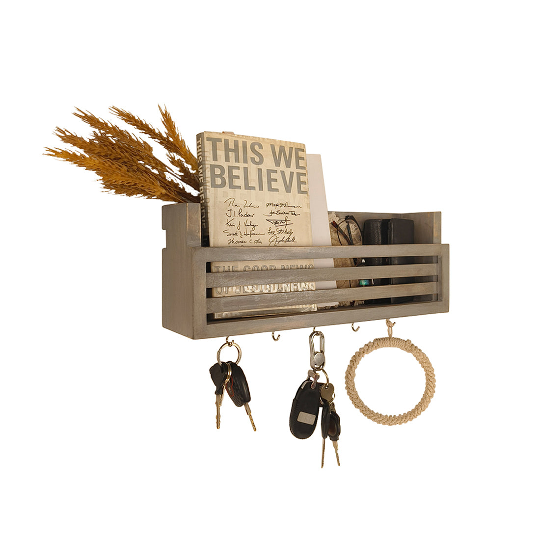 CLAUDE Wooden Wall Shelf Organiser with Key Holders - OUCH CART | Wall decor and key holder