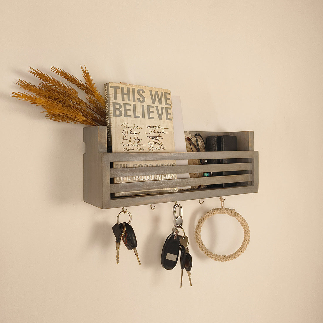 CLAUDE Wooden Wall Shelf Organiser with Key Holders