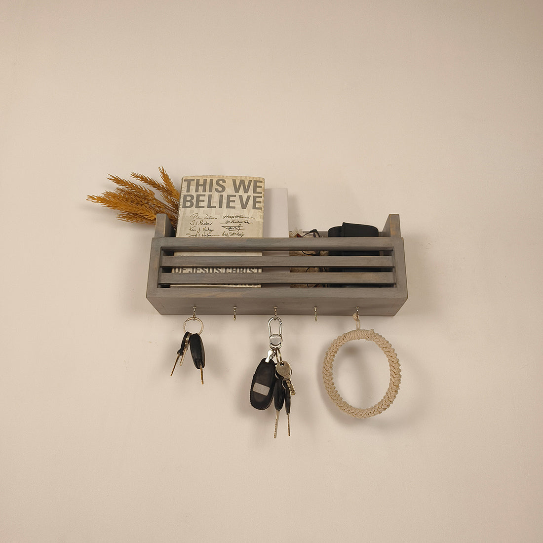 CLAUDE Wooden Wall Shelf Organiser with Key Holders - OUCH CART | Wall decor and key holder