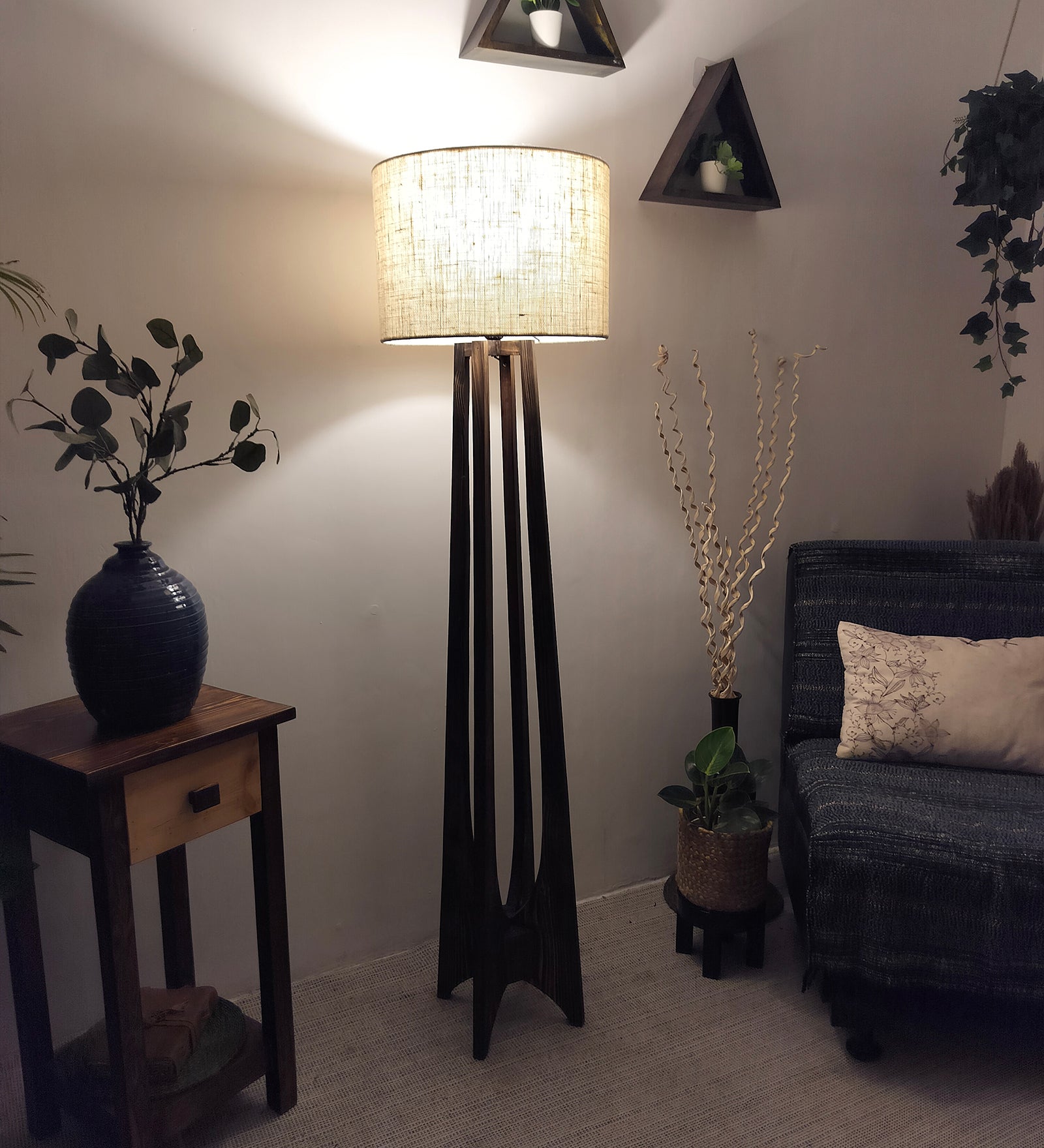 Camille Wooden Floor Lamp with Brown Base and Jute Fabric Lampshade (BULB NOT INCLUDED)