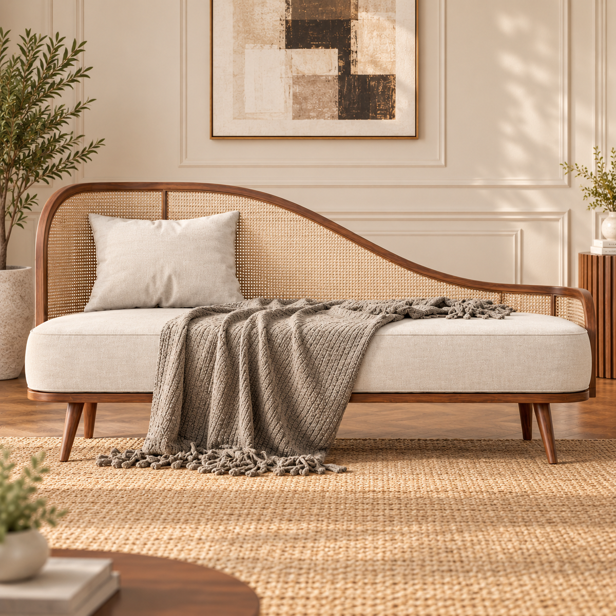 Cane Daybed Sofa with Solid Wood Frame  Mid-Century Modern 3 Seater Sofa with Cream Upholstery & Rattan Backrest OUCH CART