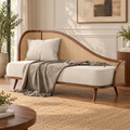 Cane Daybed Sofa with Solid Wood Frame  Mid-Century Modern 3 Seater Sofa with Cream Upholstery & Rattan Backrest