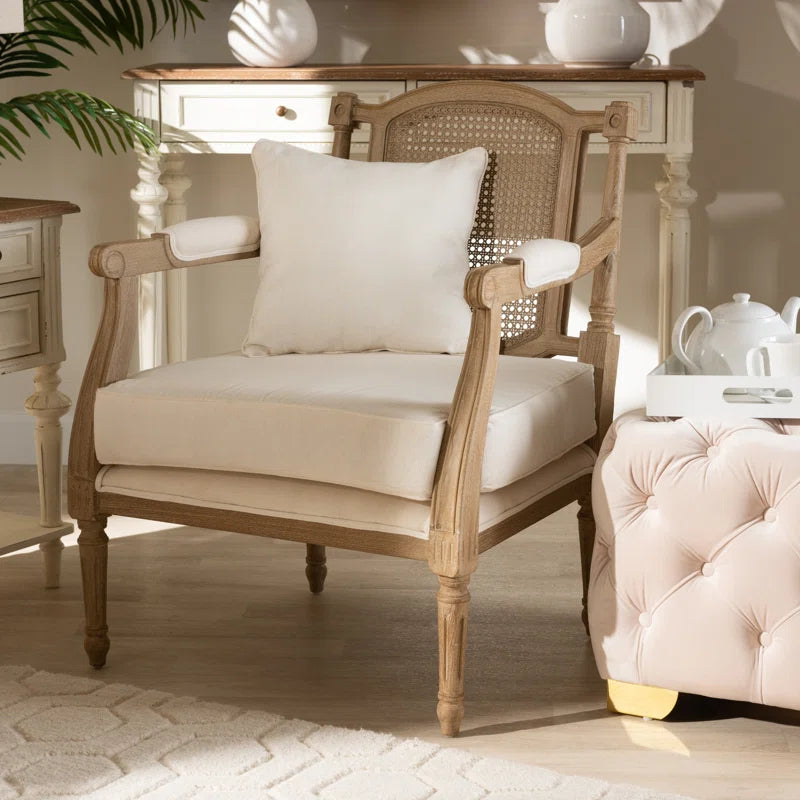  French Antique Mahogany Armchair with Rattan Back & Ivory Upholstery