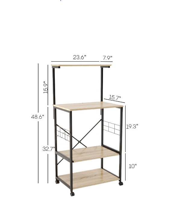4 Tier Kitchen Organizer and Microwave Stand with Wheels and Side Hooks in Natural Finish