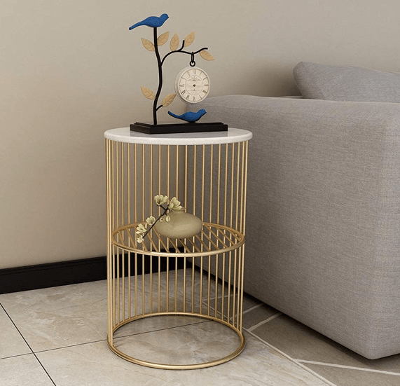 Coffee Round Accent Table for Living Room and Balcony with Metal & Engineered Wood Tabletop and Gold Coated Colour Frame -White-Gold-Jali