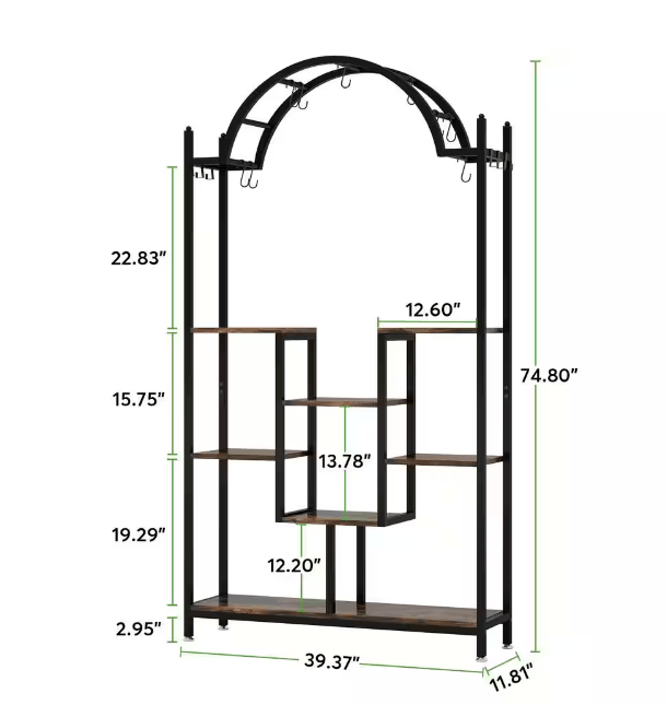 Wellston 74.8 in. Rustic Brown 5-Tier Indoor Plant Stand Flower Rack with Side Hanging Hooks and S-hooks