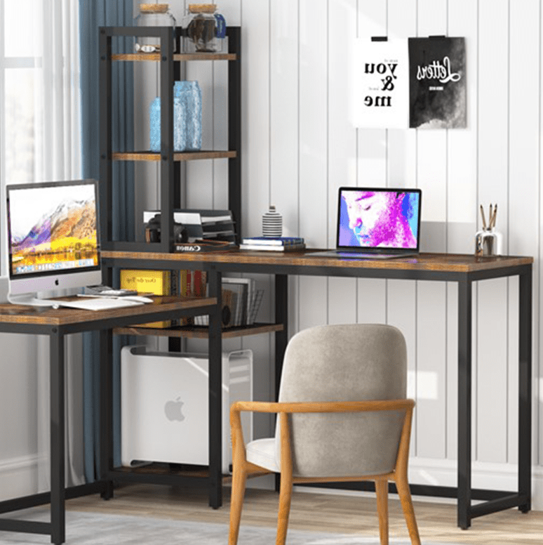 Rustic Brown L-Shaped Computer Desk with Bookshelf Storage