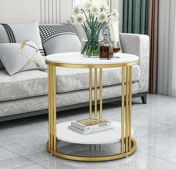 Accent Coffee Table Simple Modern Bedside Cabinet Small Round Table MDF Top Metal Table Living Room Sofa (Golden & White)