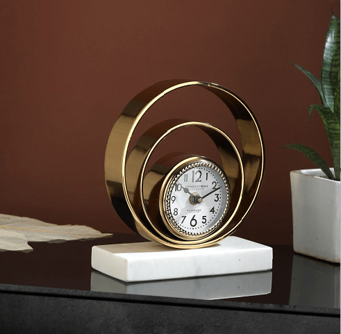 Rings Of Saturn Desk Clock in Marble & Gold Finish
