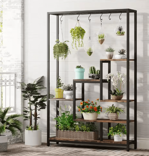 Seller Wellston 70.86 in. Brown 5-Tier Wooden Indoor Plant Stand, Tall Flower Rack with 10-Hook