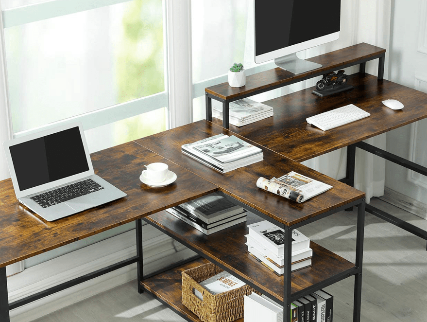 Double Computer Desk with Storage Shelves in Rustic Brown Color