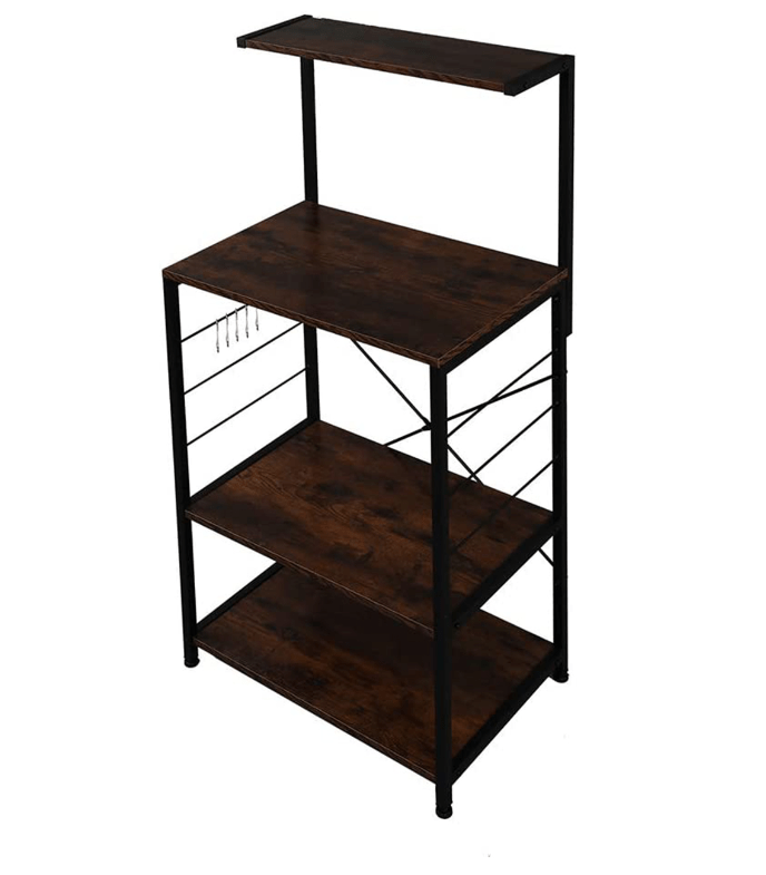 4 Tier Microwave Stand with Wheels and Side Hooks in Walnut Finish