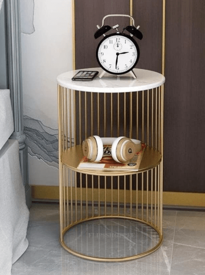 Coffee Round Accent Table for Living Room and Balcony with Metal & Engineered Wood Tabletop and Gold Coated Colour Frame -White-Gold-Jali