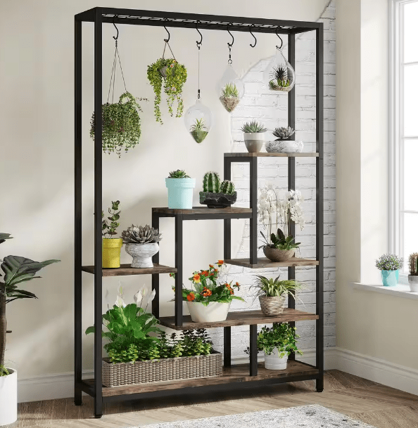 Seller Wellston 70.86 in. Brown 5-Tier Wooden Indoor Plant Stand, Tall Flower Rack with 10-Hook