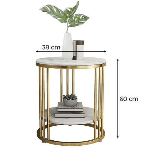Accent Coffee Table Simple Modern Bedside Cabinet Small Round Table MDF Top Metal Table Living Room Sofa (Golden & White)