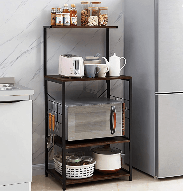 4 Tier Microwave Stand with Wheels and Side Hooks in Walnut Finish