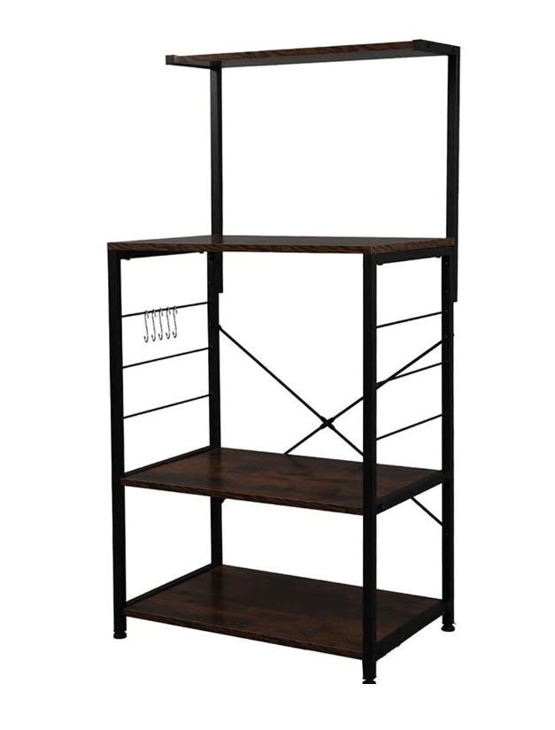 4 Tier Microwave Stand with Wheels and Side Hooks in Walnut Finish