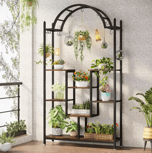 Wellston 74.8 in. Rustic Brown 5-Tier Indoor Plant Stand Flower Rack with Side Hanging Hooks and S-hooks