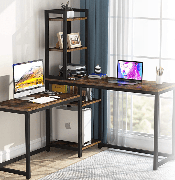 Rustic Brown L-Shaped Computer Desk with Bookshelf Storage