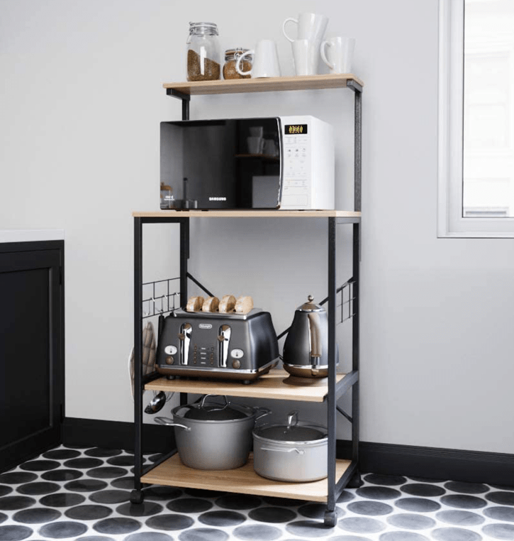 4 Tier Kitchen Organizer and Microwave Stand with Wheels and Side Hooks in Natural Finish