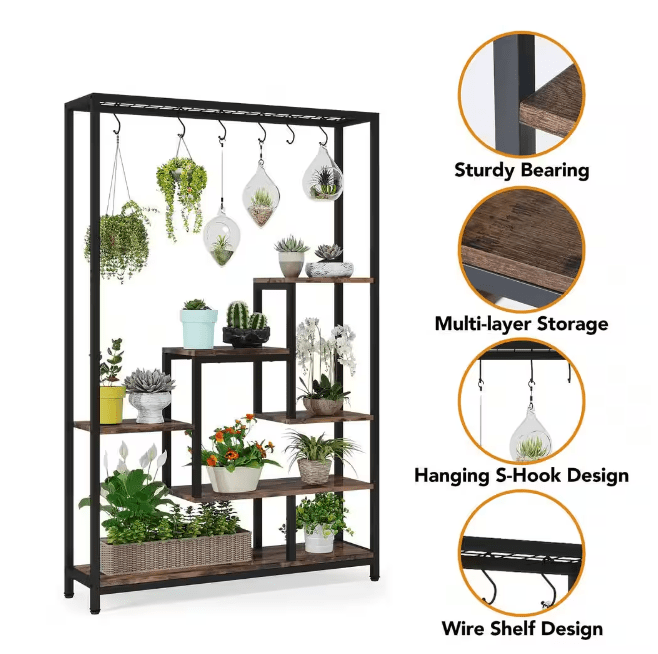 Wellston 74.8 in. Rustic Brown 5-Tier Indoor Plant Stand Flower Rack with  Side Hanging Hooks and S-hooks