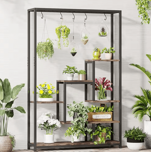 Capture_bb3bed7b-7971-4f68-a598-c42651e25342.png Seller Wellston 70.86 in. Brown 5-Tier Wooden Indoor Plant Stand, Tall Flower Rack with 10-Hook - Image 1