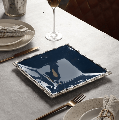 Alf Vine Square Tray Platter In Blue Enamle Silver Finish