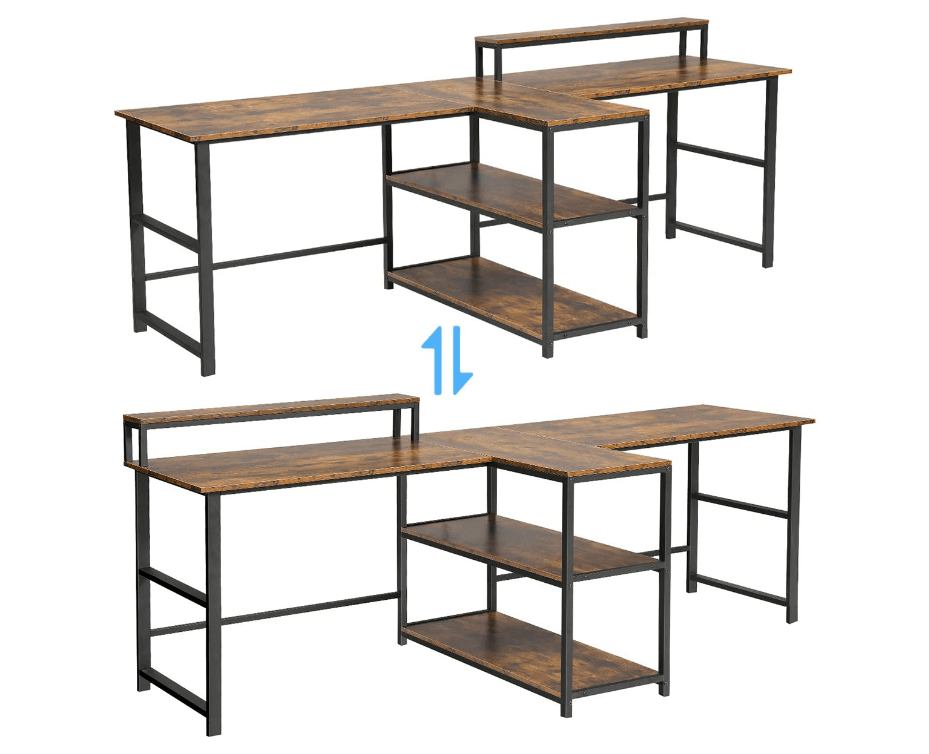 Double Computer Desk with Storage Shelves in Rustic Brown Color