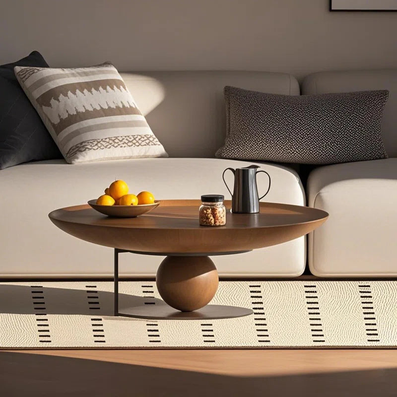 Walnut Round Solid Wood Coffee Table With Spherical Base, Carbon Steel