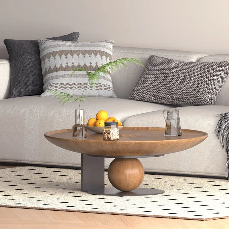 Walnut Round Solid Wood Coffee Table With Spherical Base, Carbon Steel